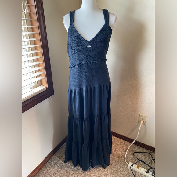 Anthropologie Ruched Tiered Maxi Dress, XL, Black Smocked, Stretchy, Cottagecore - Picture 3 of 10